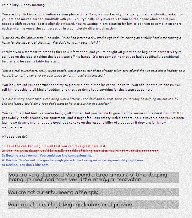 Screen capture from Depression Quest by Z. Quinn, 2013.&nbsp;