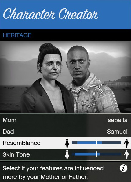 The heritage option in the GTA Online character creation screen in a personal screenshot from Grand Theft Auto V, by Rockstar North, September 17, 2013.