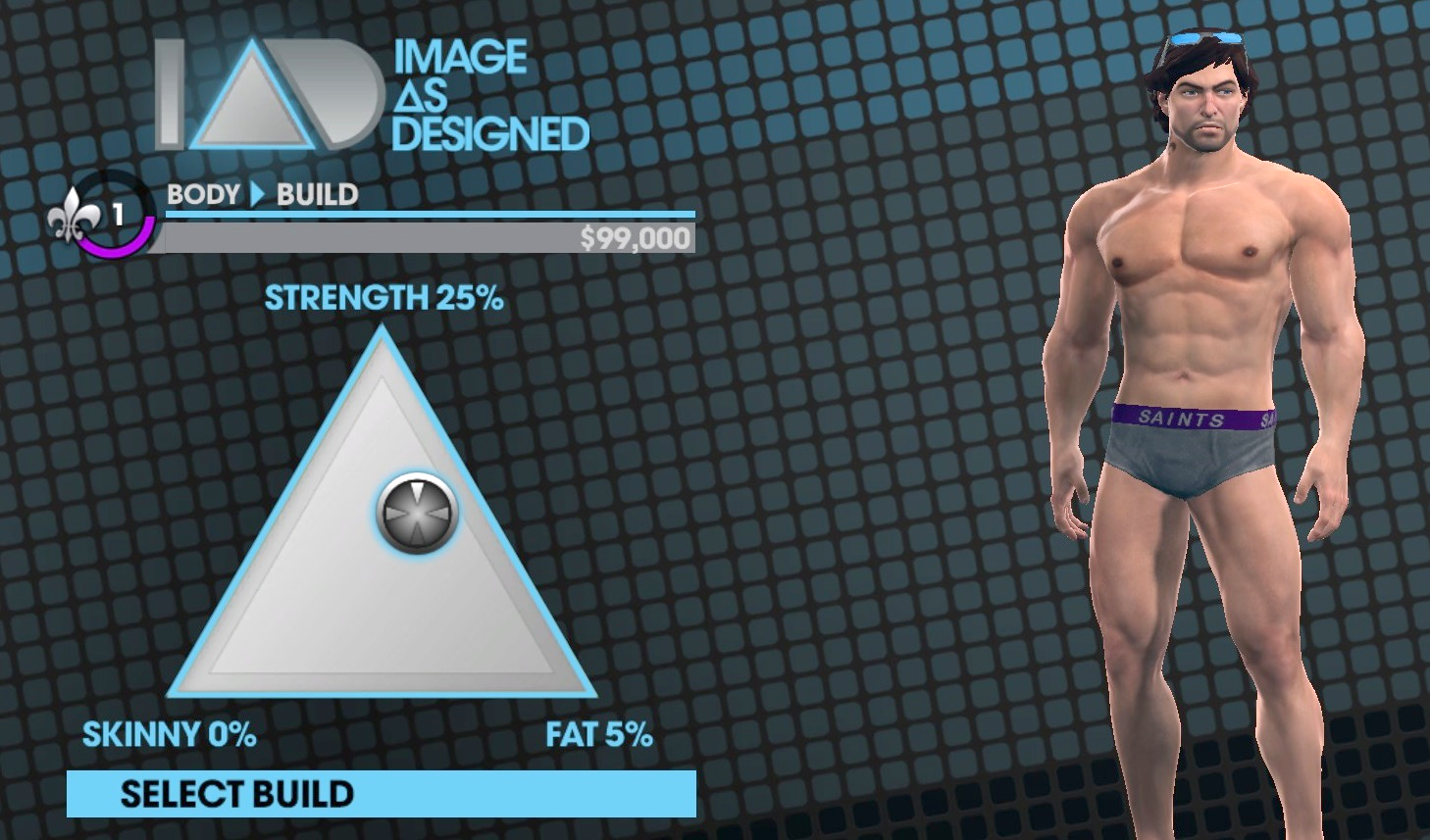 The body build triangle from Saints Row: The Third.&nbsp;The same system is used in Saints Row 4.&nbsp;Personal screenshot from Saints Row: The Third,&nbsp;by Volition, November 15,&nbsp;2011.
