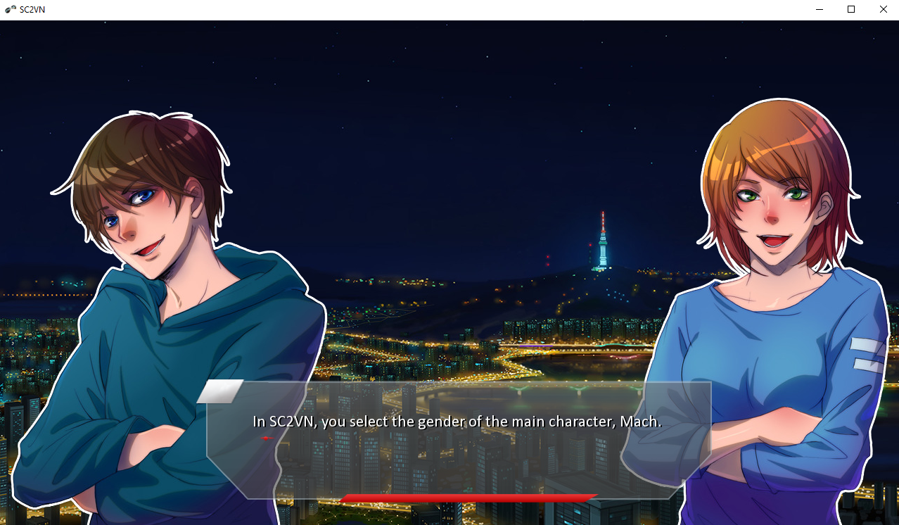 Gender Selection menu for Mach in the StarCraft II Visual Novel. Screenshot taken by the author.