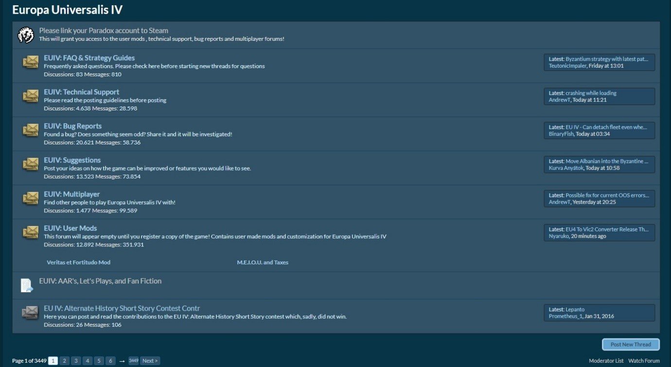 The forum list of sub-forums including technical support, FAQs and Strategies, Multiplayer, Mods and more. Screenshot taken 29 July 2019.