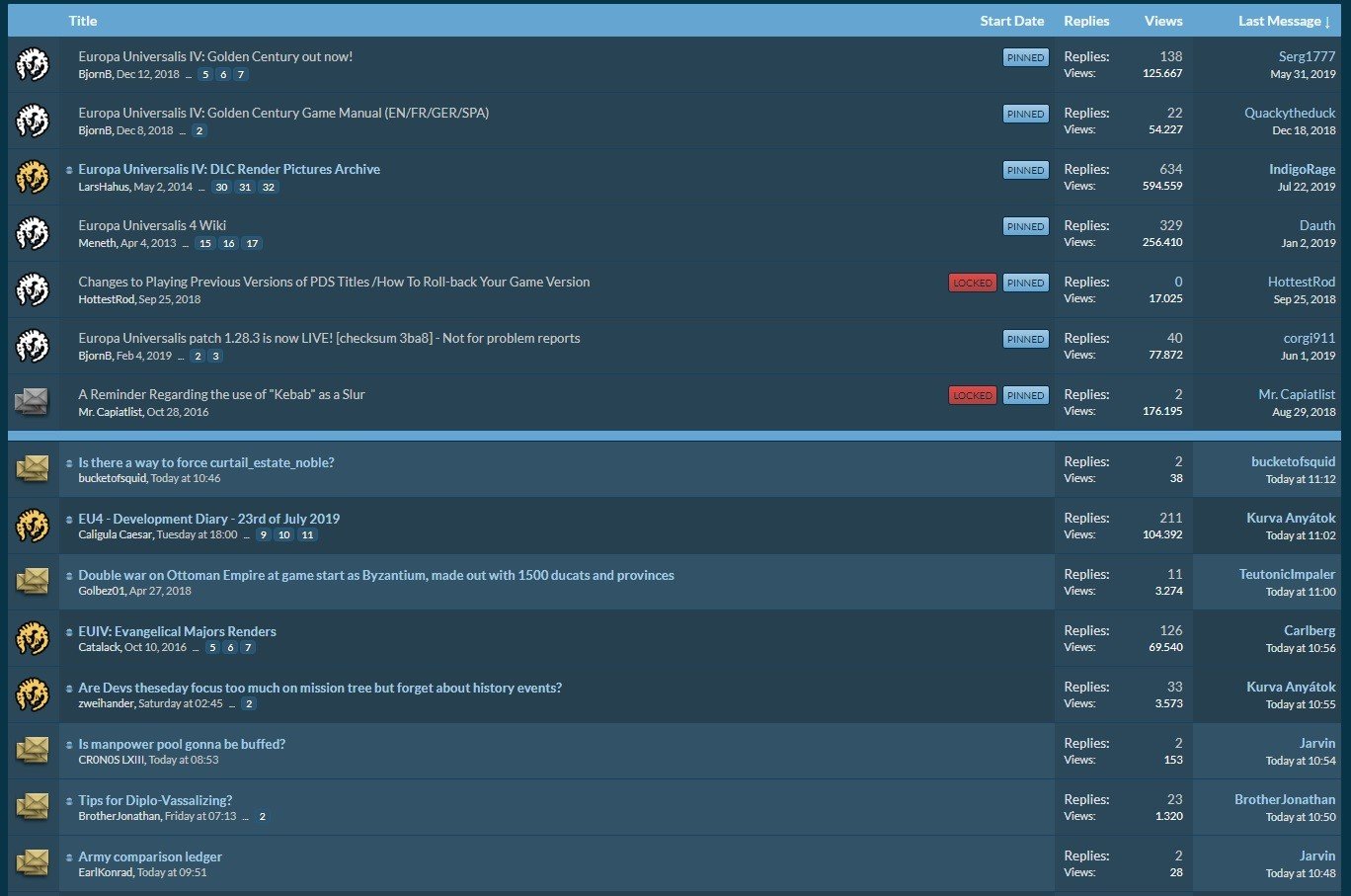 Threads/discussions started by forum player members follow (Screenshot taken 29 July 2019).